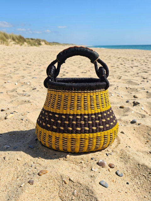 Handmade Mini Bolga Basket from Ghana with Leather Handle 02