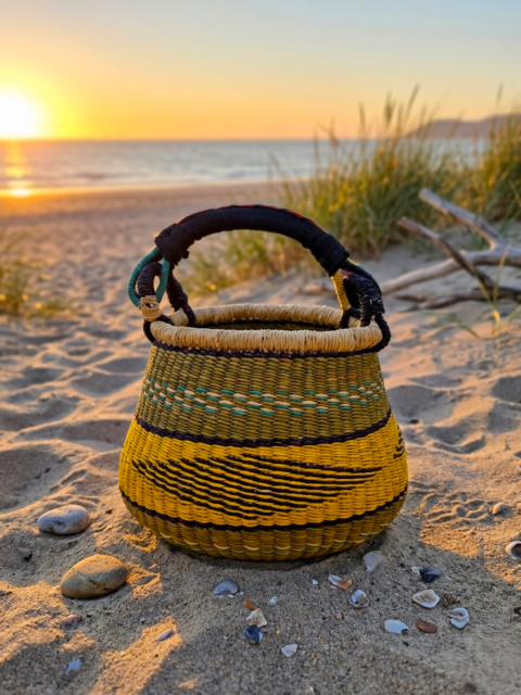 Handmade Mini Bolga Basket from Ghana with Leather Handle 03