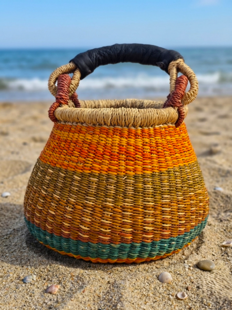 Handmade Mini Bolga Basket from Ghana with Leather Handle 04