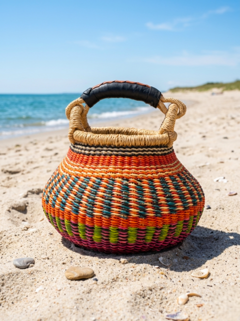Handmade Mini Bolga Basket from Ghana with Leather Handle 06