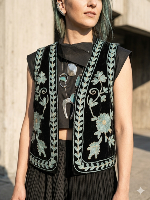 Suzani Style Machine-Embroidered Velvet Vest Black