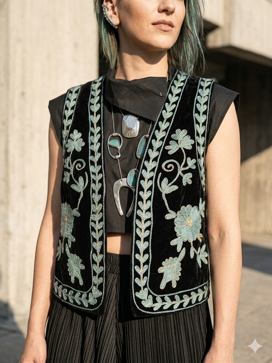 Suzani Style Machine-Embroidered Velvet Vest Black