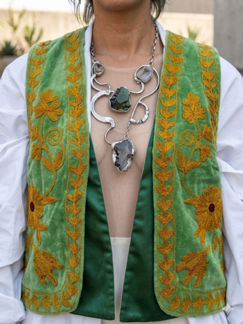 Suzani Style Machine-Embroidered Velvet Vest Green