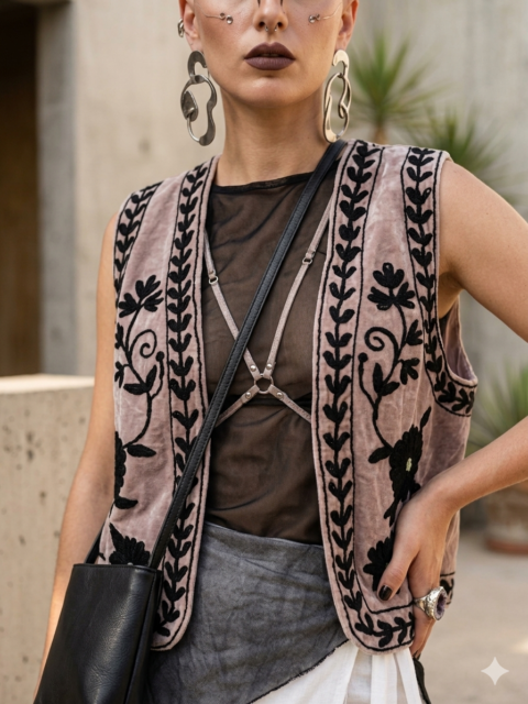 Suzani Style Machine-Embroidered Velvet Vest Pink