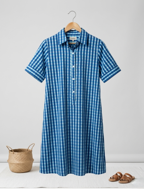 Amelia Cotton Dress – blue checks Print | Free Size