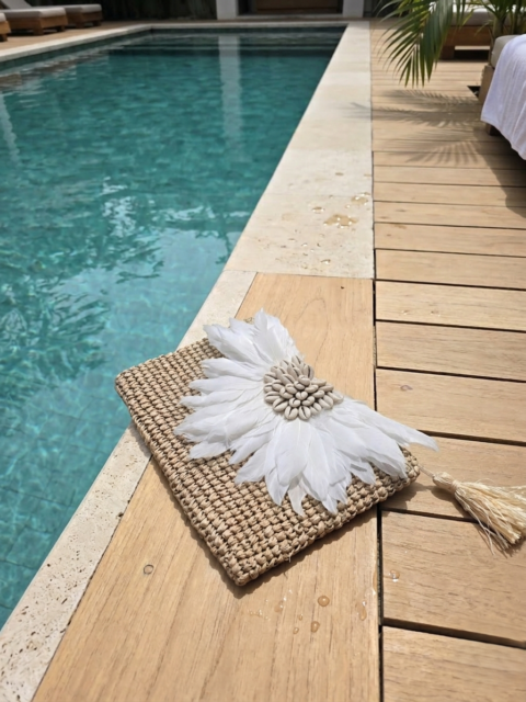 Handmade Boho Raffia Clutch Bag with Feathers and Shells White
