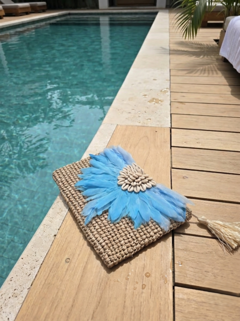 Handmade Boho Raffia Clutch Bag with Feathers and Shells Blue