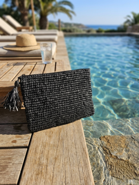 A hand-knitted black raffia clutch bag with a matching tassel, placed on a wooden sun lounger by a luxury swimming pool.