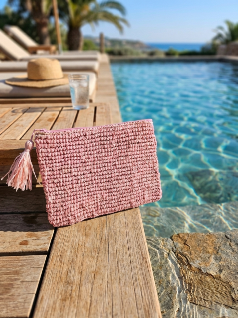 Handmade Pink Raffia Clutch Bag with Tassel