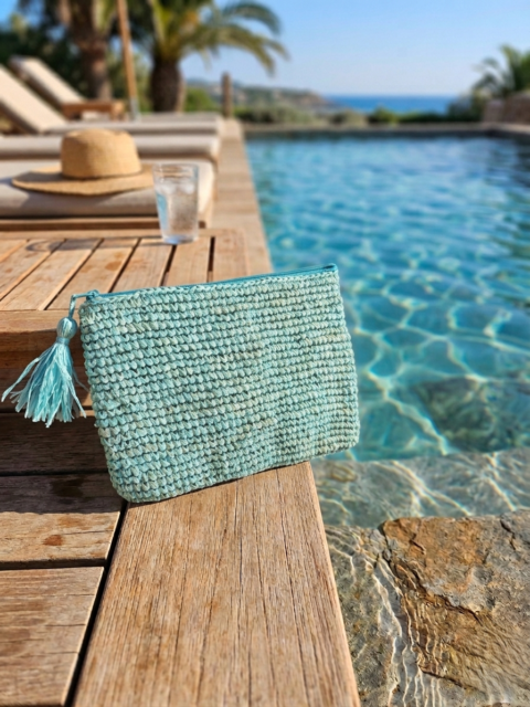 Handmade Turquoise Raffia Clutch Bag with Tassel