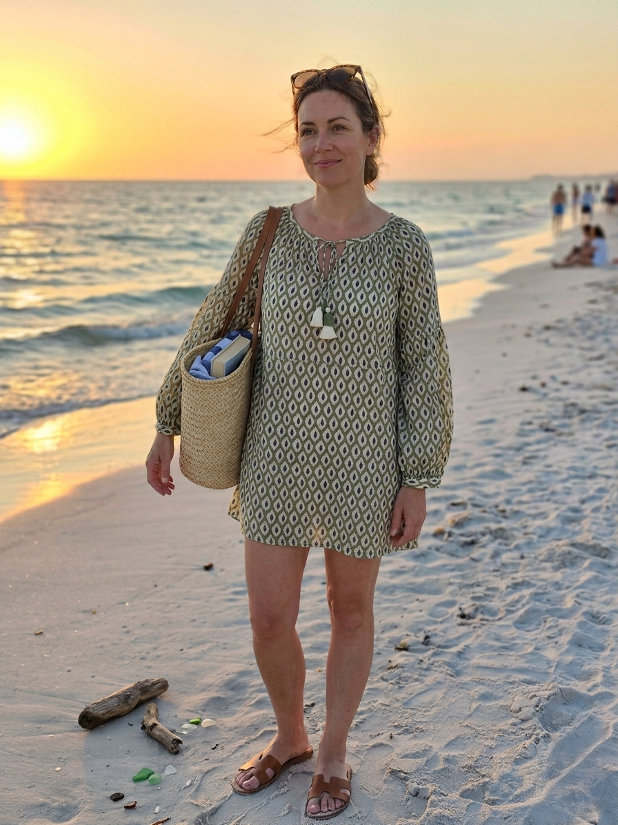 A woman standing on a sandy beach at sunset wearing a green and white geometric block print cotton top with tassels, carrying a straw bag.