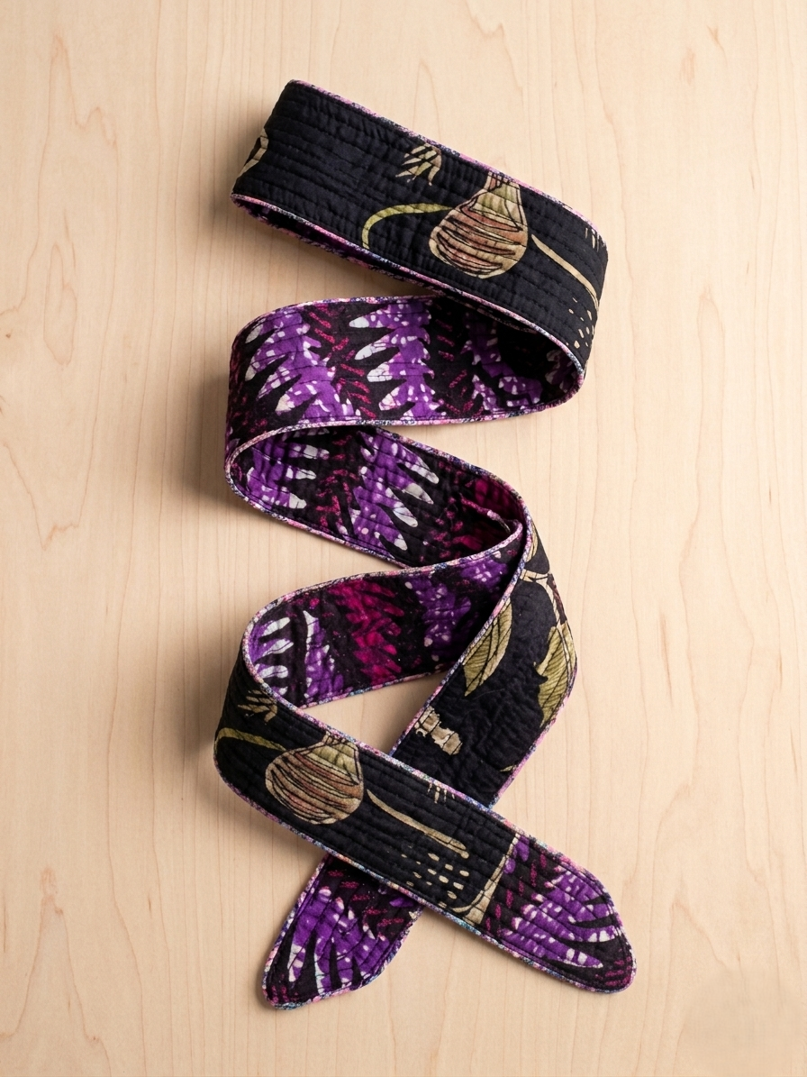 A handmade quilted cotton belt with a reversible design, showing a black botanical print on one side and a purple abstract pattern on the other, as seen in Gemini_Generated_Image_(230).jpg.