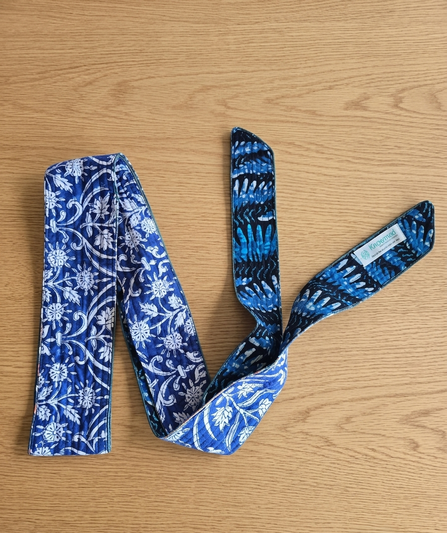 A handmade quilted cotton belt with a reversible design, showing a blue and white floral print on one side and a dark blue tie-dye pattern on the other, as seen in Gemini_Generated_Image_(231).jpg.