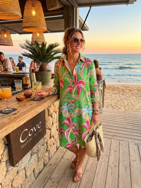 Oversized Shirt Dress Cotton with Palm green