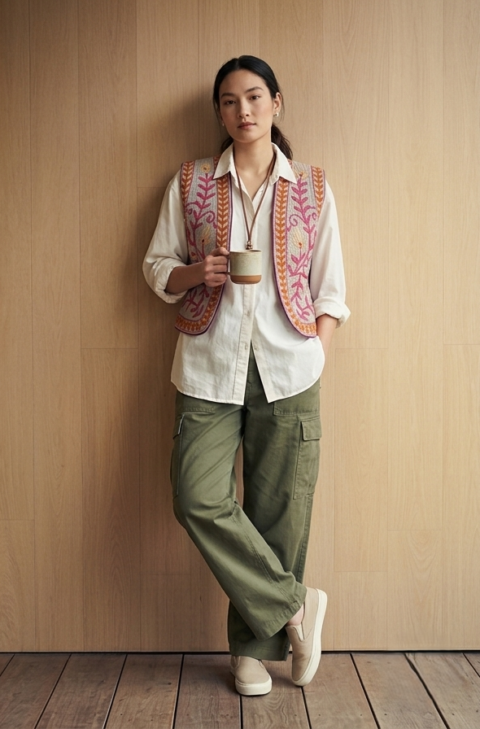 Vintage Kantha Cotton Vest with Embroidery grey