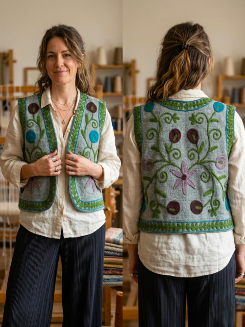 Suzani Style Machine-Embroidered Cotton Vest Grey