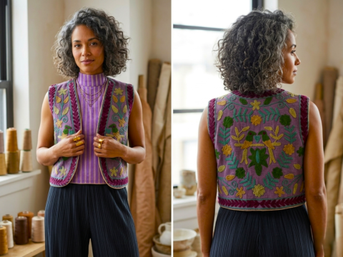 Suzani Style Machine-Embroidered Cotton Vest Purple