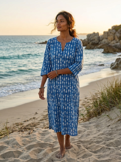 Titli Caftan – Fish Print Cotton