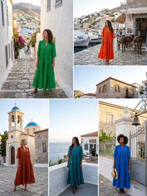 A woman wearing a vibrant blue tiered maxi dress made of cotton silk, standing in a picturesque white-washed alley.
