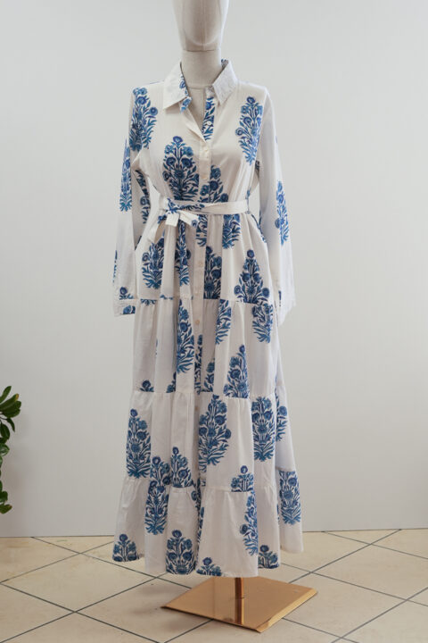 Ikaria Long Dress with Sleeves – Blue flower Block Print