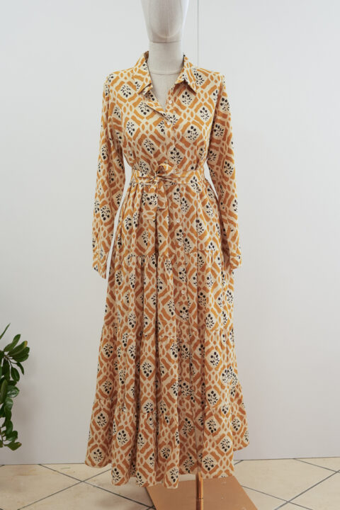 Ikaria Long Dress with Sleeves – Yellow Block Print