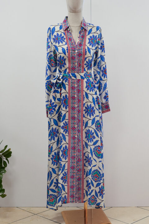 Maxi shirt dress in cotton silk with colorful digital floral print and waist tie belt.