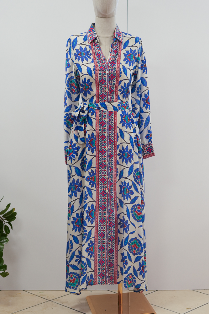 Maxi shirt dress in cotton silk with colorful digital floral print and waist tie belt.