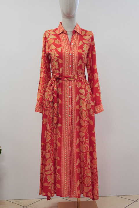 Maxi Shirt Dress από Cotton Silk με Digital Print-Κόκκινο