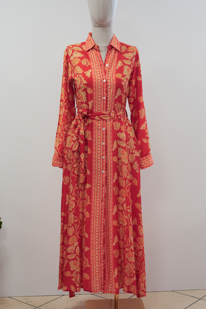 Maxi Shirt Dress in Cotton Silk with Digital Print-Rama Red