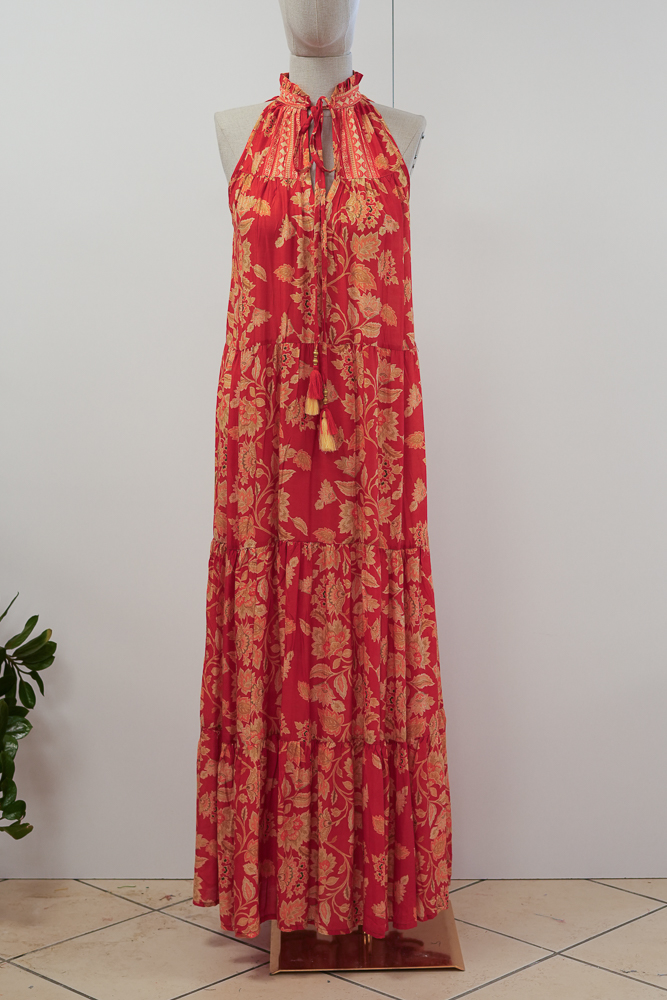 Samos Long Dress – Rama Red Print | Cotton Silk