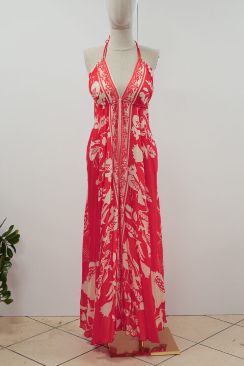 Long Beach Dress with Open Back – Cotton Silk Digital Print Desire Red (Free Size)