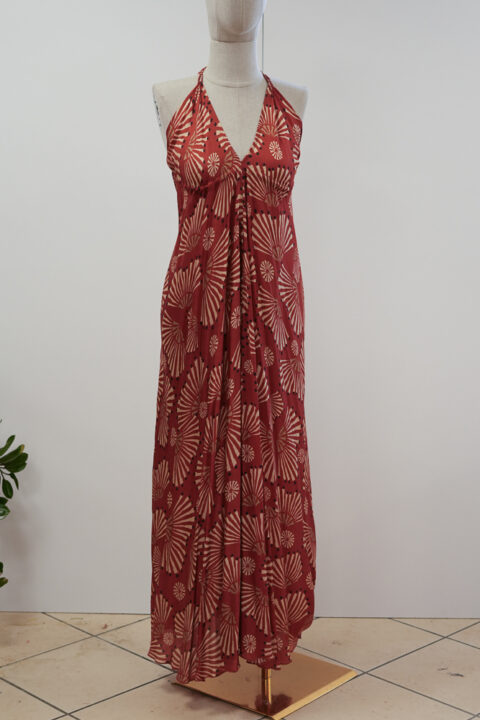 Long Beach Dress with Open Back – Cotton Silk Digital Print Ray Cinnamon (Free Size)