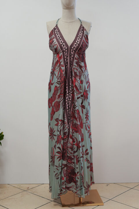 Long Beach Dress with Open Back – Cotton Silk Digital Print Nature Blue (Free Size)