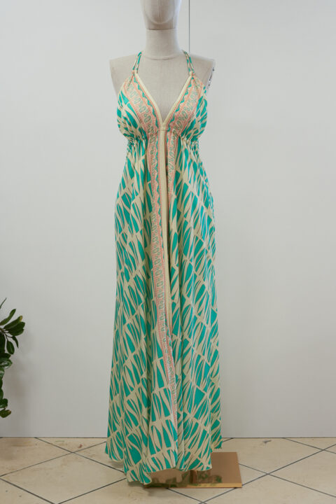 Long Beach Dress with Open Back – Cotton Silk Digital Print Calm Aqua (Free Size)