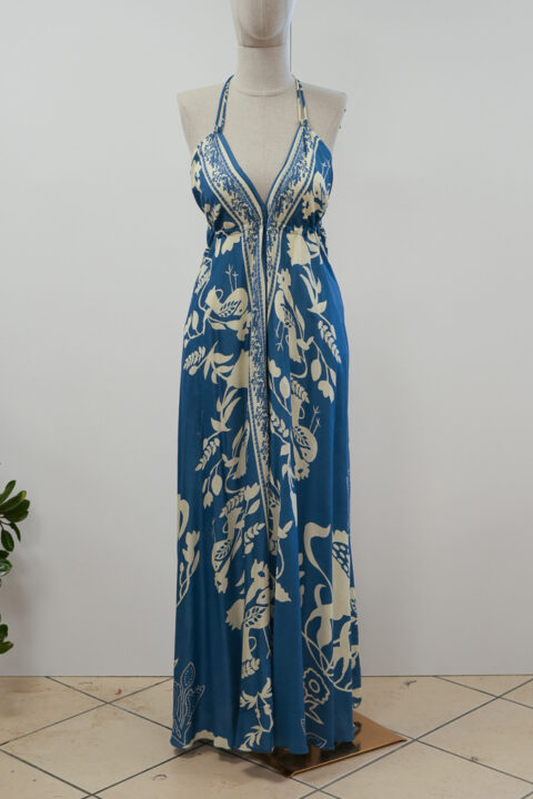 Long Beach Dress with Open Back – Cotton Silk Digital Print Desire Blue (Free Size)