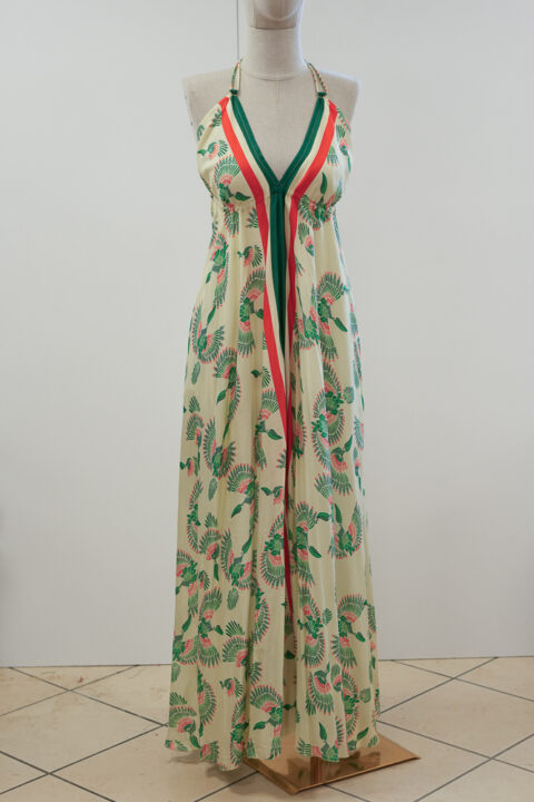 Long Beach Dress with Open Back – Cotton Silk Digital Print Fly Green (Free Size)