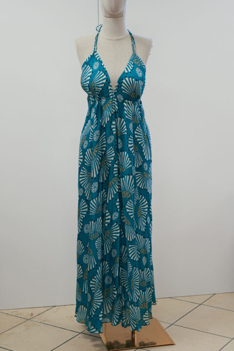 Long Beach Dress with Open Back – Cotton Silk Digital Print Ray Petrol (Free Size)