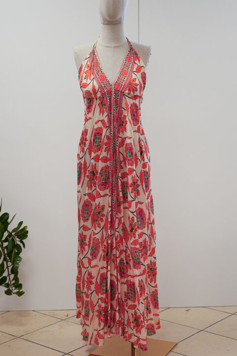 Long Beach Dress with Open Back – Cotton Silk Digital Print Mystique Orange (Free Size)