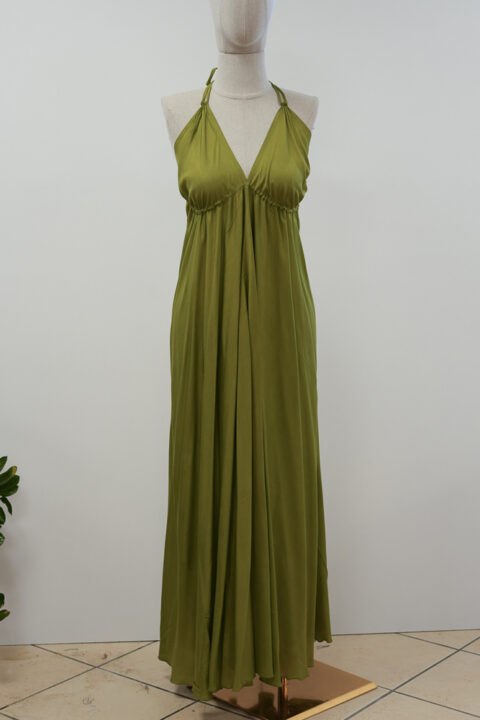 Long Beach Dress with Open Back – Cotton Silk Olive Green (Free Size)