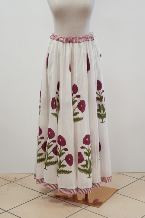White Maxi Skirt with Hand-Printed Red Flowers – 100% Cotton