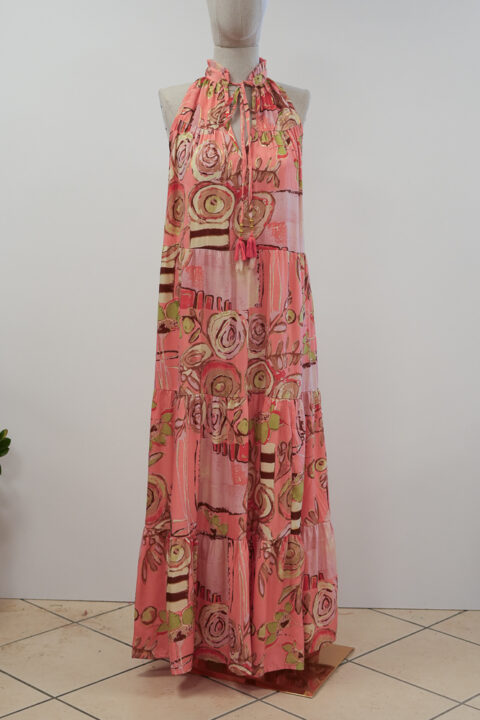 Samos Long Dress Saree Silk – Coral Rose Print One Size
