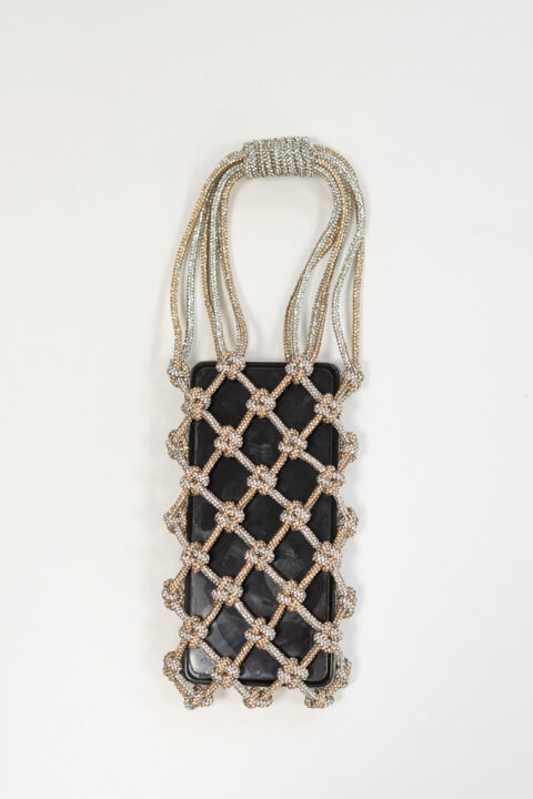 Handmade Macramé Rhinestone Phone Bag | Silver Golden