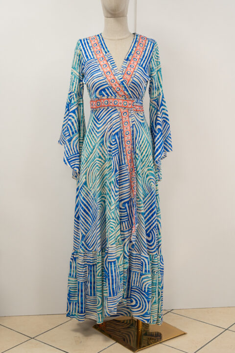 Aphrodite Wrap Dress in Saree Silk | Blue Resort Maxi Dress