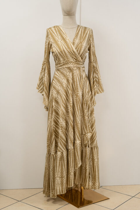 Aphrodite Wrap Dress in Saree Silk | beige Resort Maxi Dress