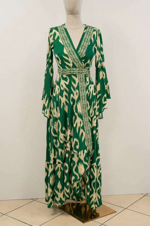 Aphrodite Wrap Dress in Saree Silk | green Resort Maxi Dress