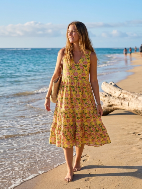 Sofia Handmade Cotton Block Print Dress yellow