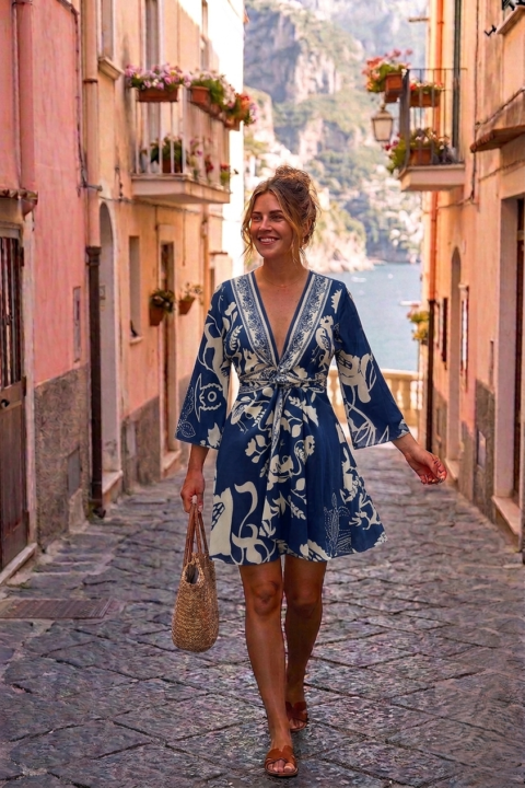 Woman’s cotton silk wrap dress with digital print and bell sleeves
