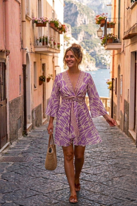Isabelle Wrap Dress – Cotton Silk Digital Print – CALM PURPLE
