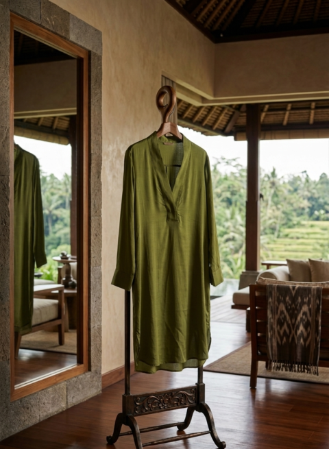 Olive green cotton silk caftan dress with relaxed free-size silhouette and V-neckline.