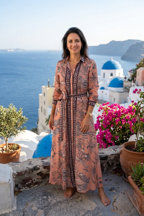 Maxi Shirt Dress in Cotton Silk with Digital Print-Nature Cinnamon